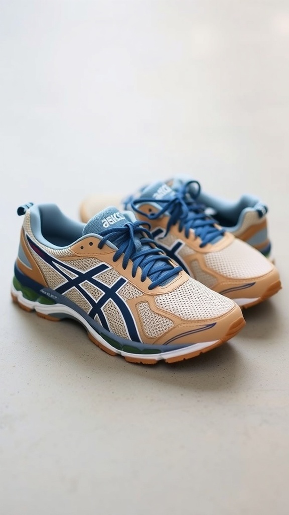 ASICS Gel-Nimbus 9 shoes in Oatmeal Indigo Fog, featuring a modern design and cushioning technology.